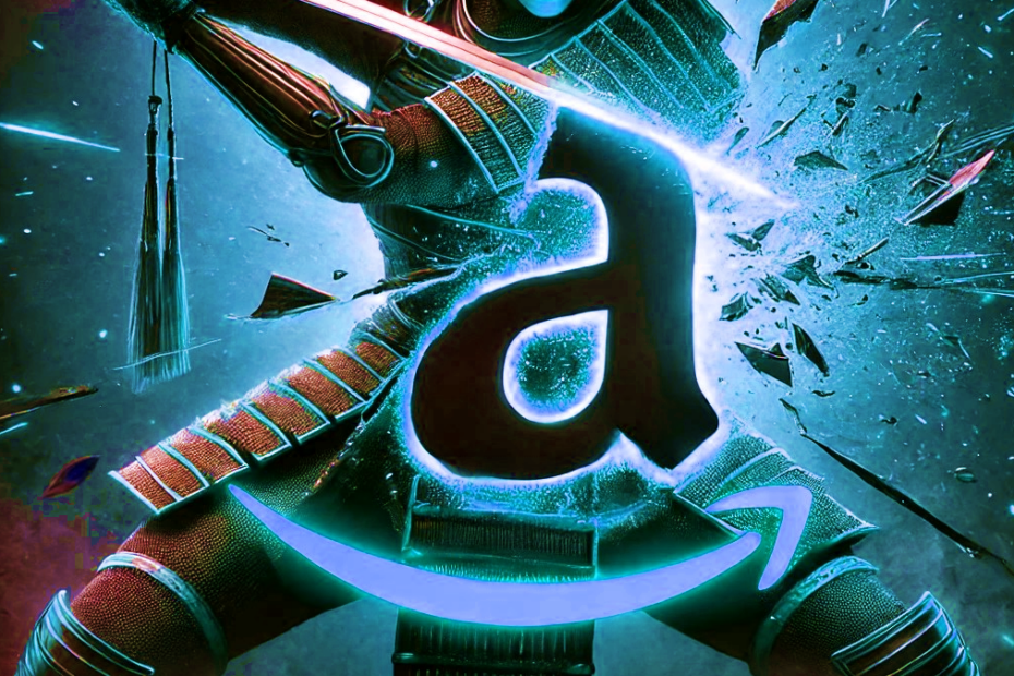 Logo de Amazon siendo destrozado por la espada de una samurai