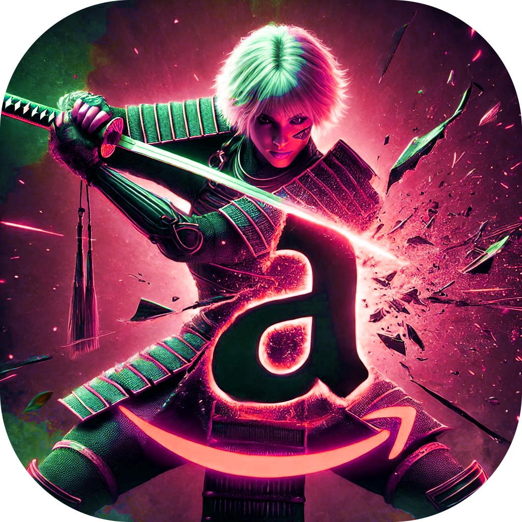 Samurai emakume bat Amazonen logoa apurtzen.